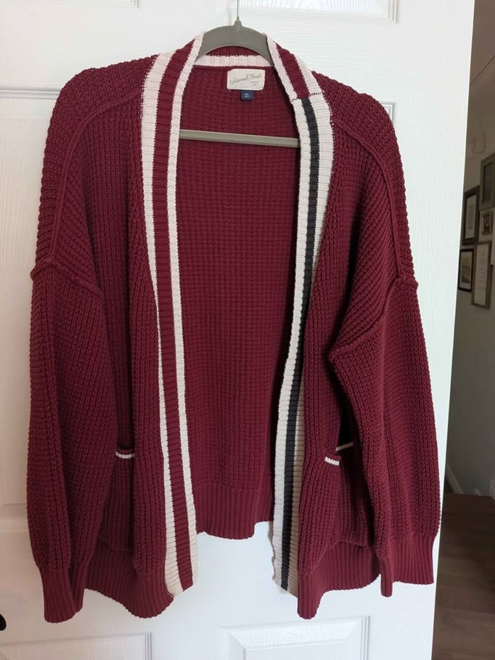 Universal Thread Burgundy Waffle Knit Cardigan With Stripe